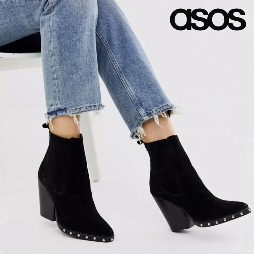 ASOS Design Black Suede Western Chelsea Boots Studded Pointed Toe UK 6 US 8